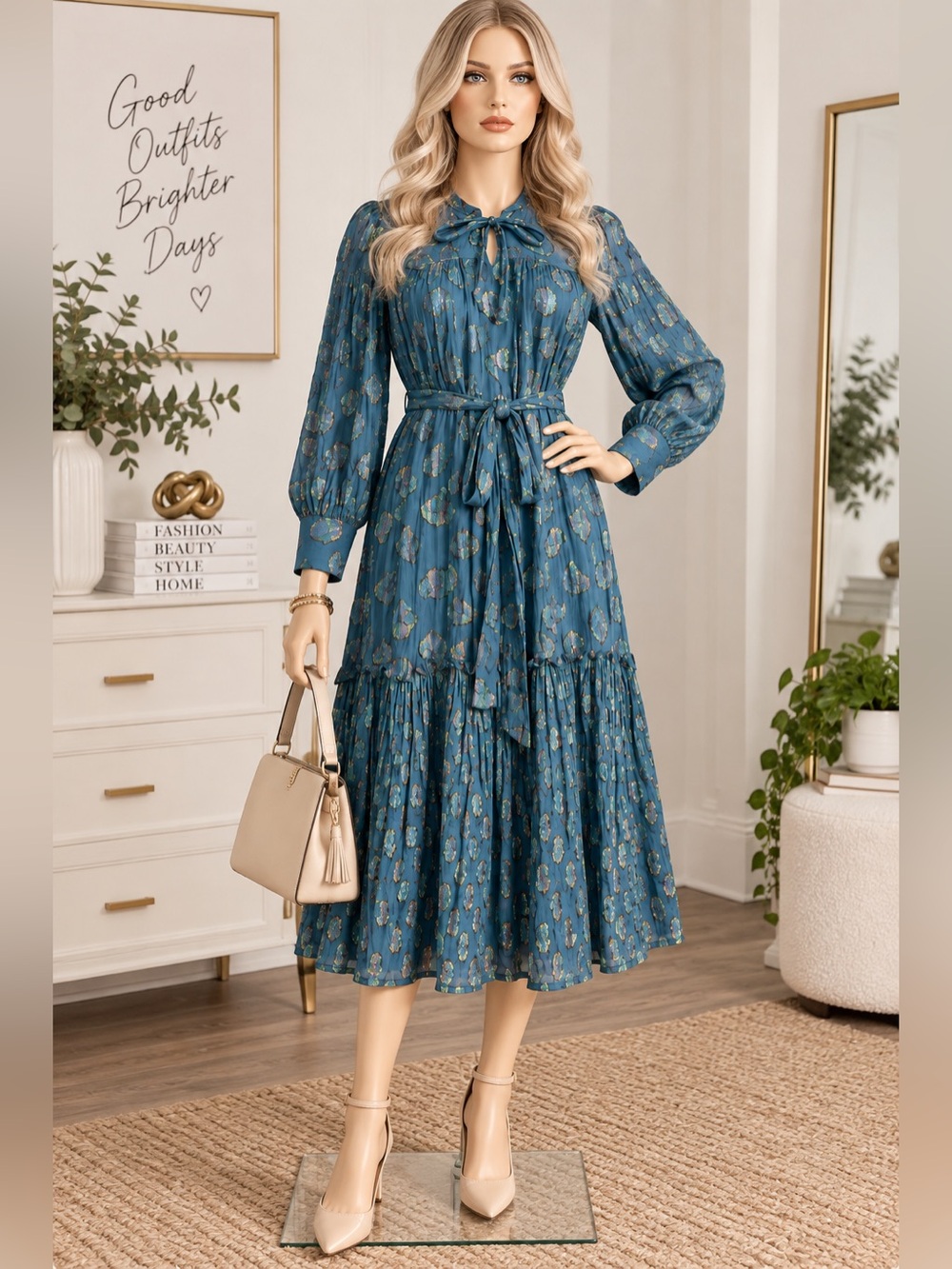 Women’s Blue Midi Dress Floral Paisley Print Long Sleeve Tie Neck Boho A-Line